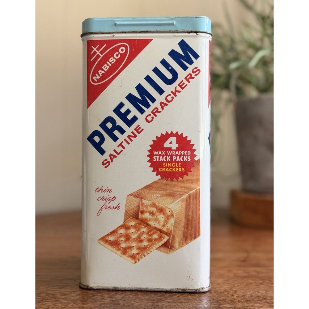 Nabisco Premium Saltine Crackers 14 oz Metal Advertising Tin Canister + Blue Lid